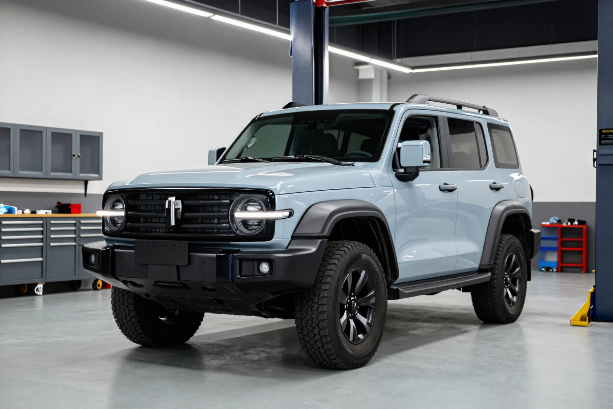 Light blue off-road SUV parked in a garage with tools and equipment in the background