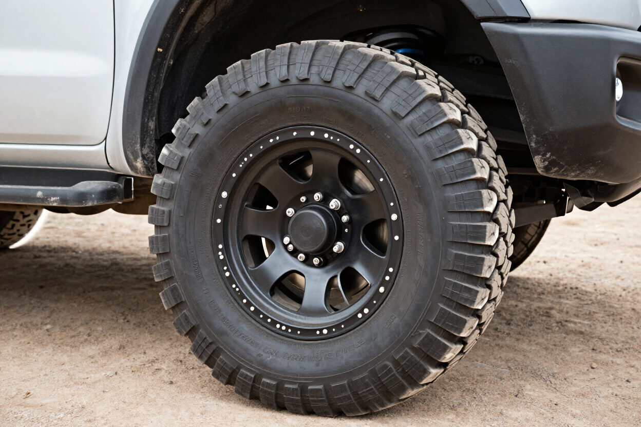 Off-road truck wheel with large knobby tire on a dirt surface