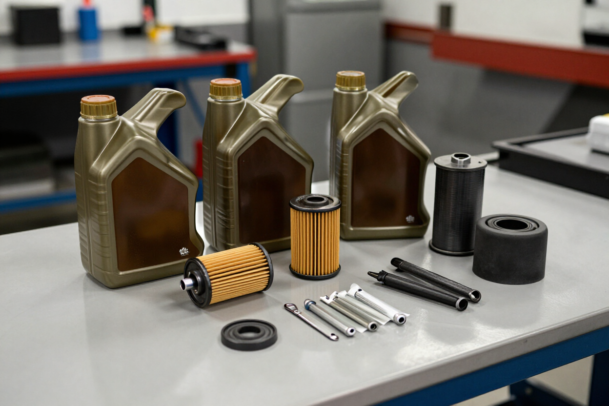 Oil jugs, filters, bolts, and small parts arranged on a workbench in a workshop