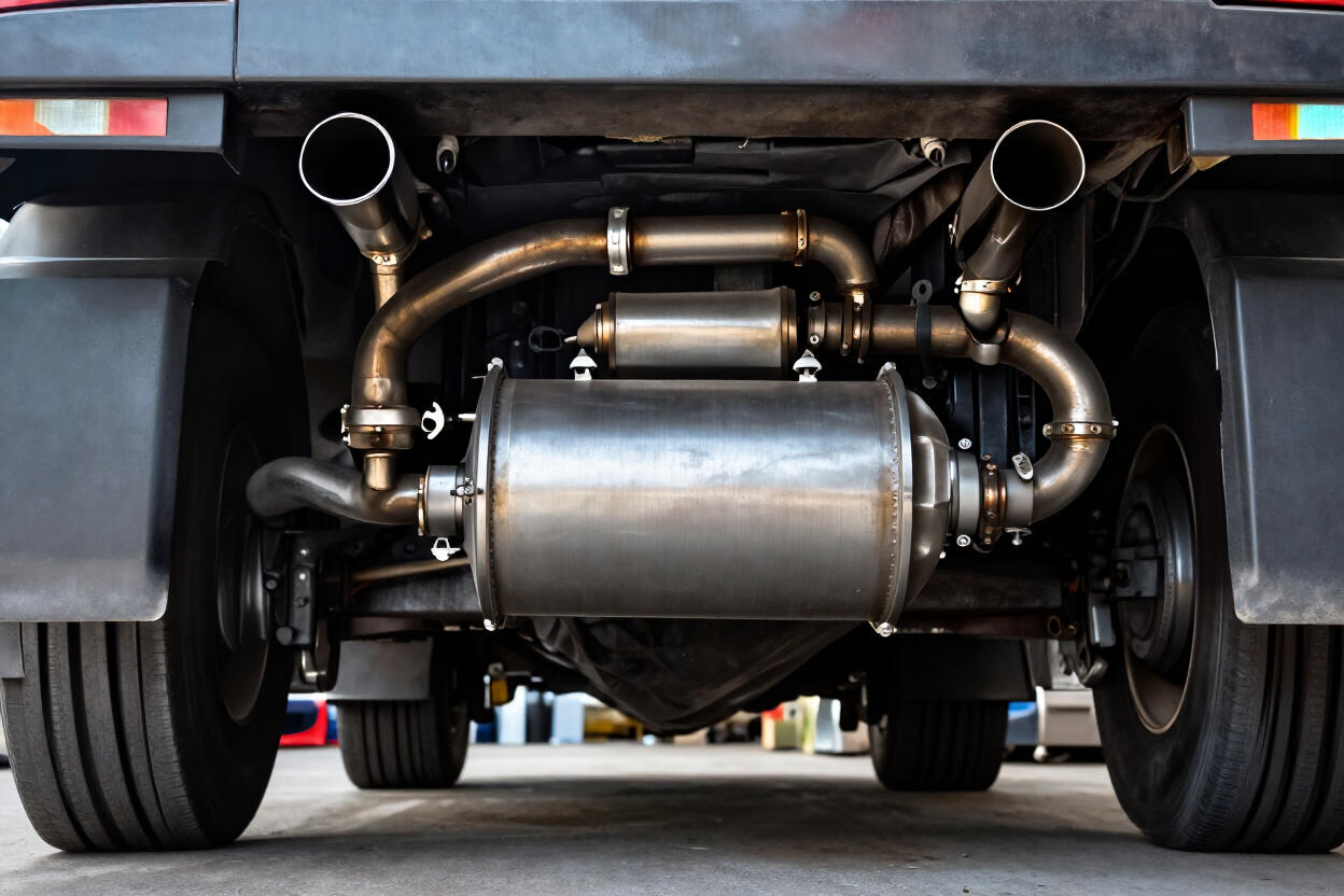 Rear underside of a car showing the exhaust system and mufflers between the rear wheels