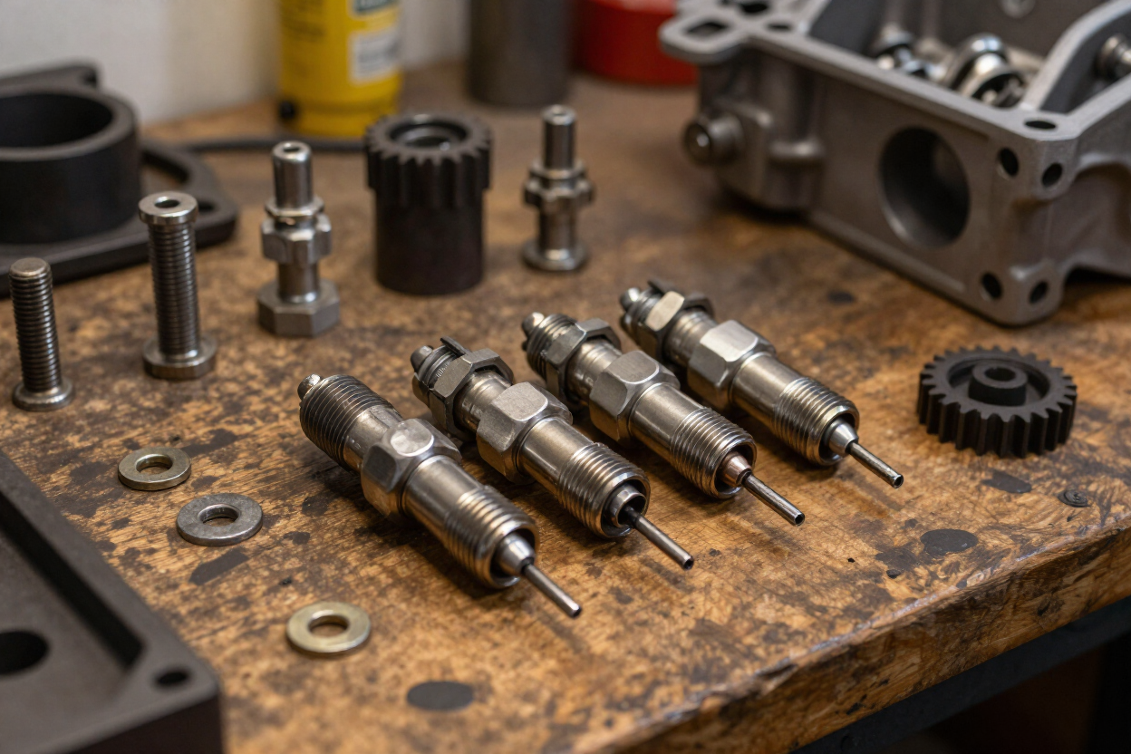 Assorted metal engine components and fuel injectors arranged on a worn workbench in a workshop