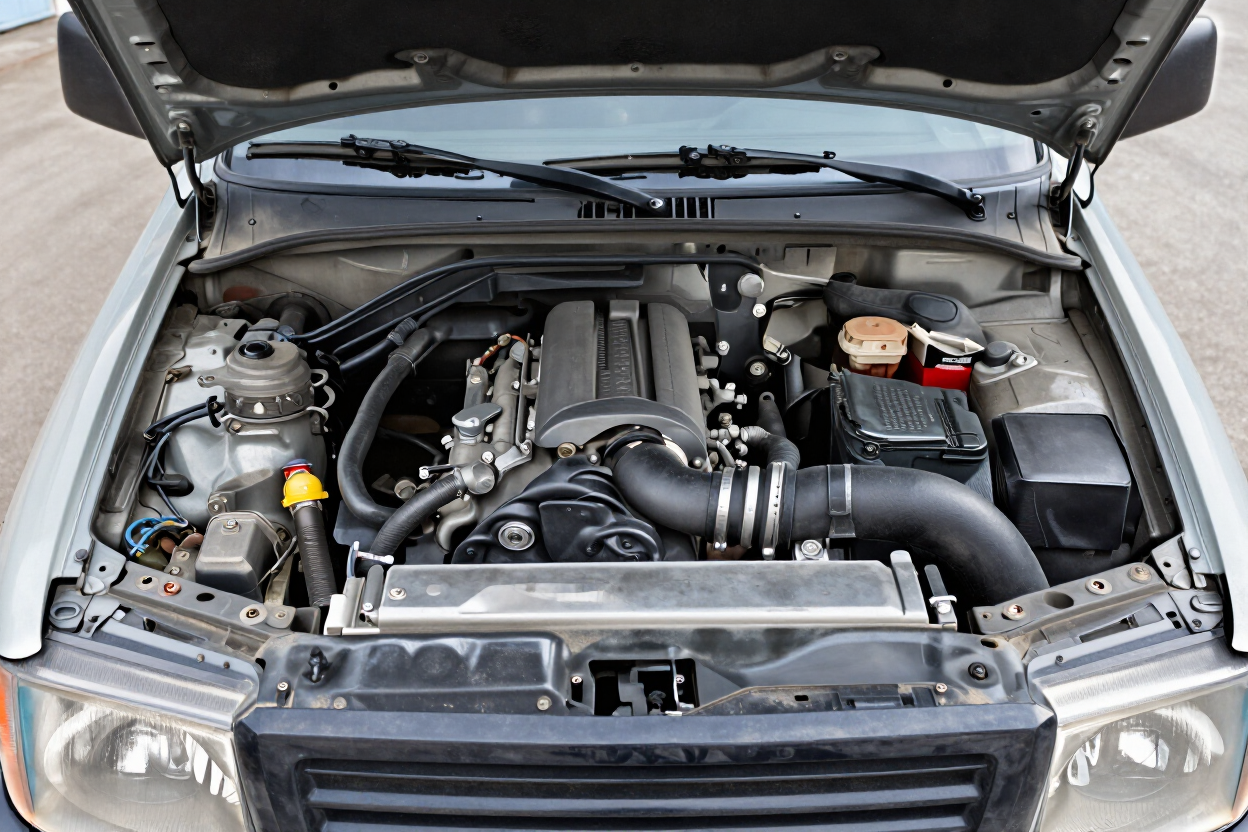 Open car hood showing engine bay with black hoses and red battery on the right.