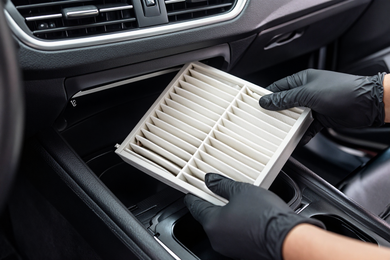 Gloved hands replacing a white cabin air filter inside a car dashboard compartment