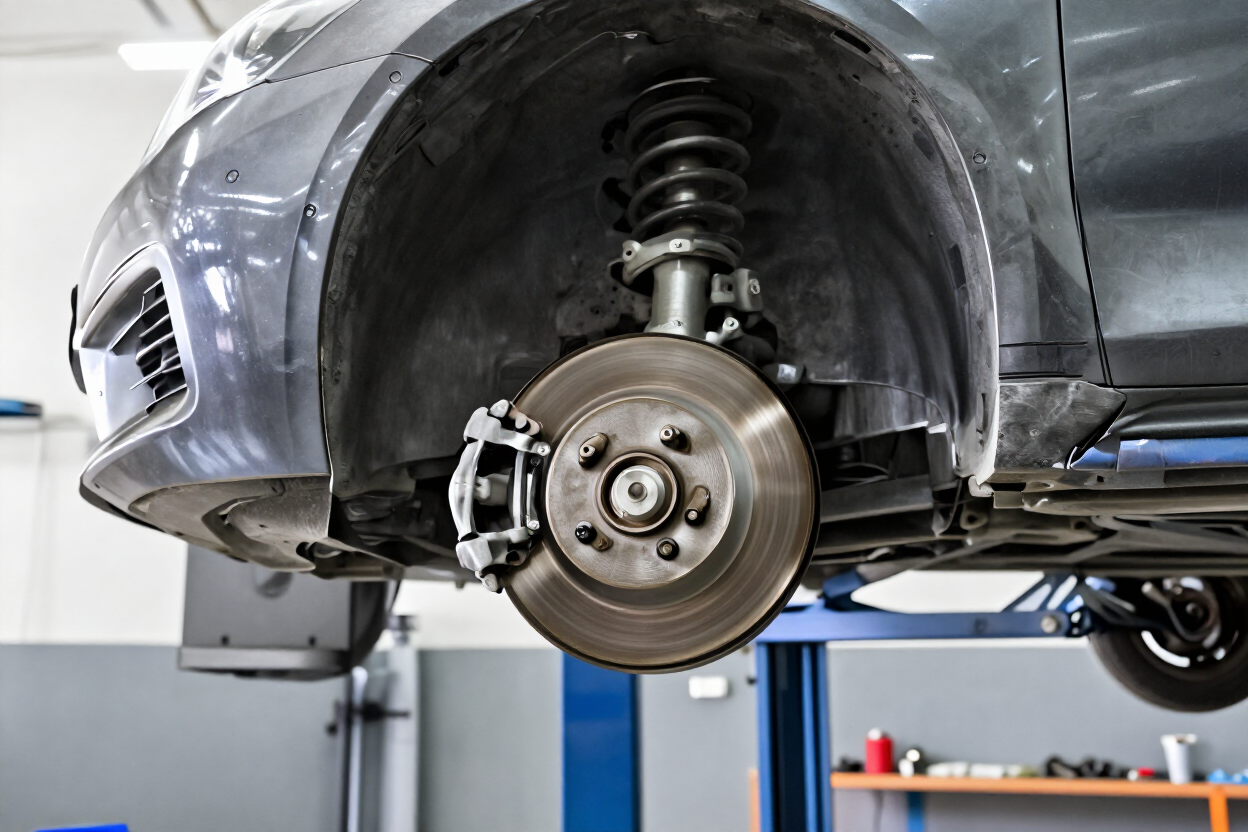 Car wheel removed in auto repair shop, showing brake disc and suspension under a silver car