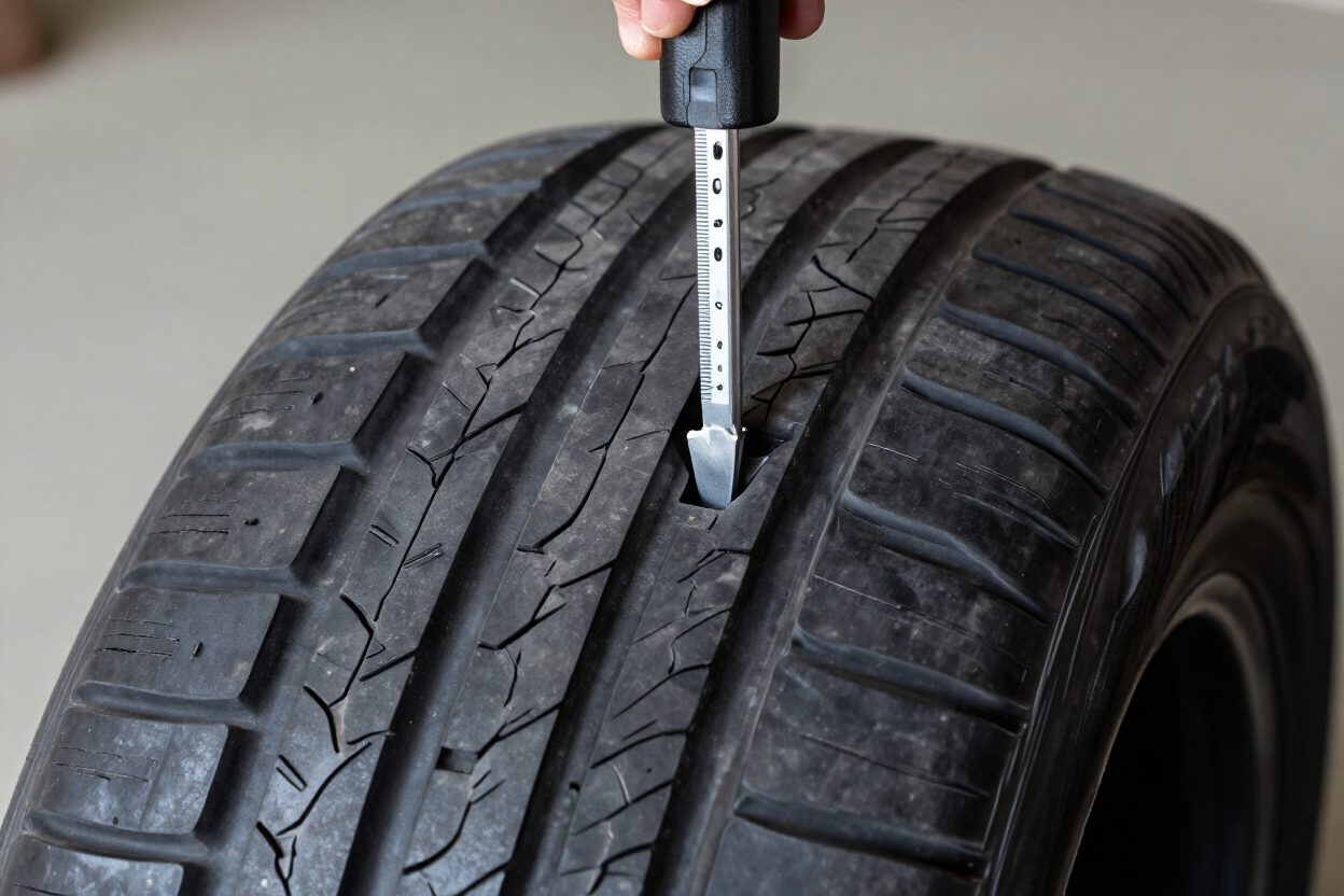 Tire tread being measured with a depth gauge for wear inspection