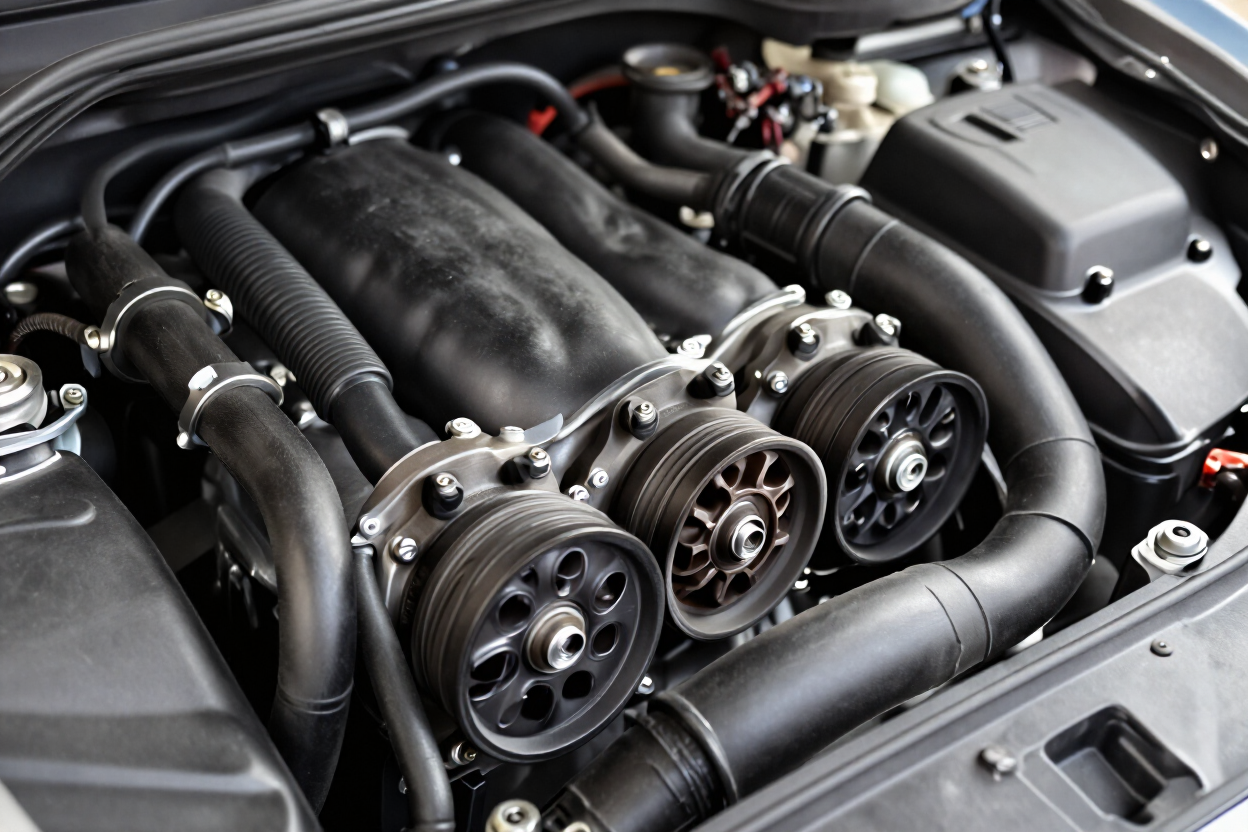 Close-up of a car engine bay with multiple intake trumpets and black hoses beneath an open hood