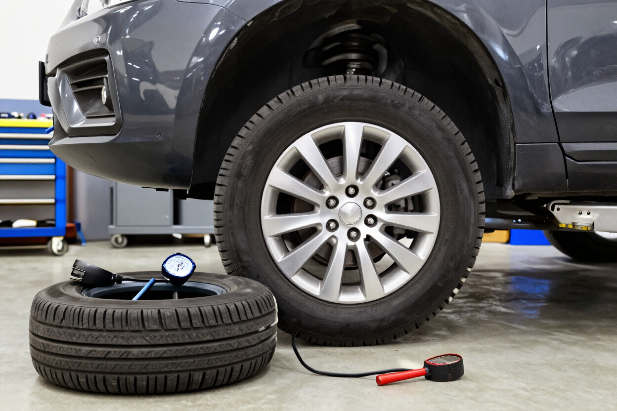 Car on a garage floor with a detached tire, jack, and tire gauge during a tire change