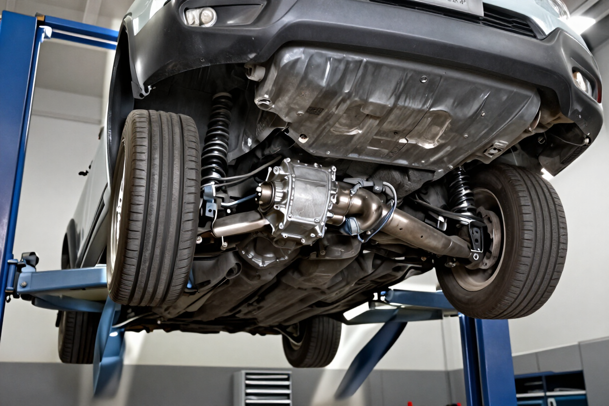 Car on a lift, showing its undercarriage and front wheels in a repair shop
