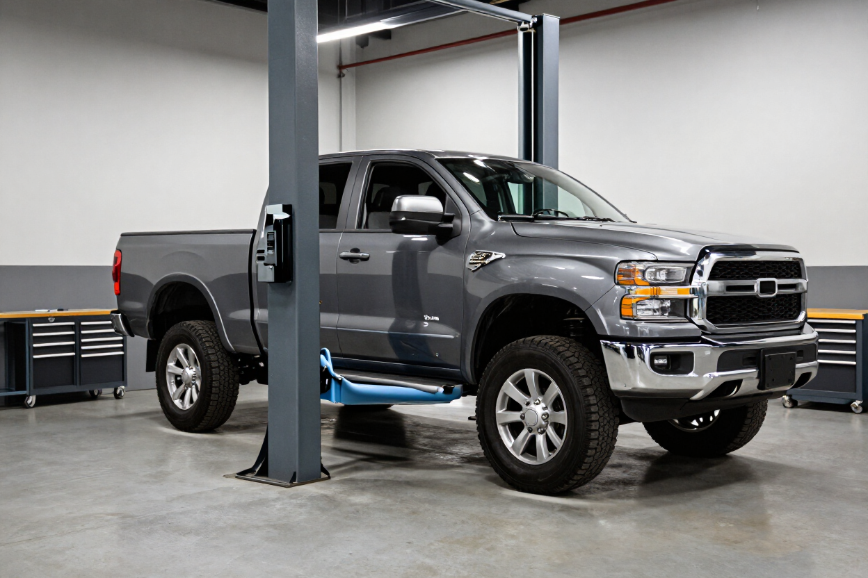 Gray pickup truck on a lift in a garage, viewed from the front-left side.