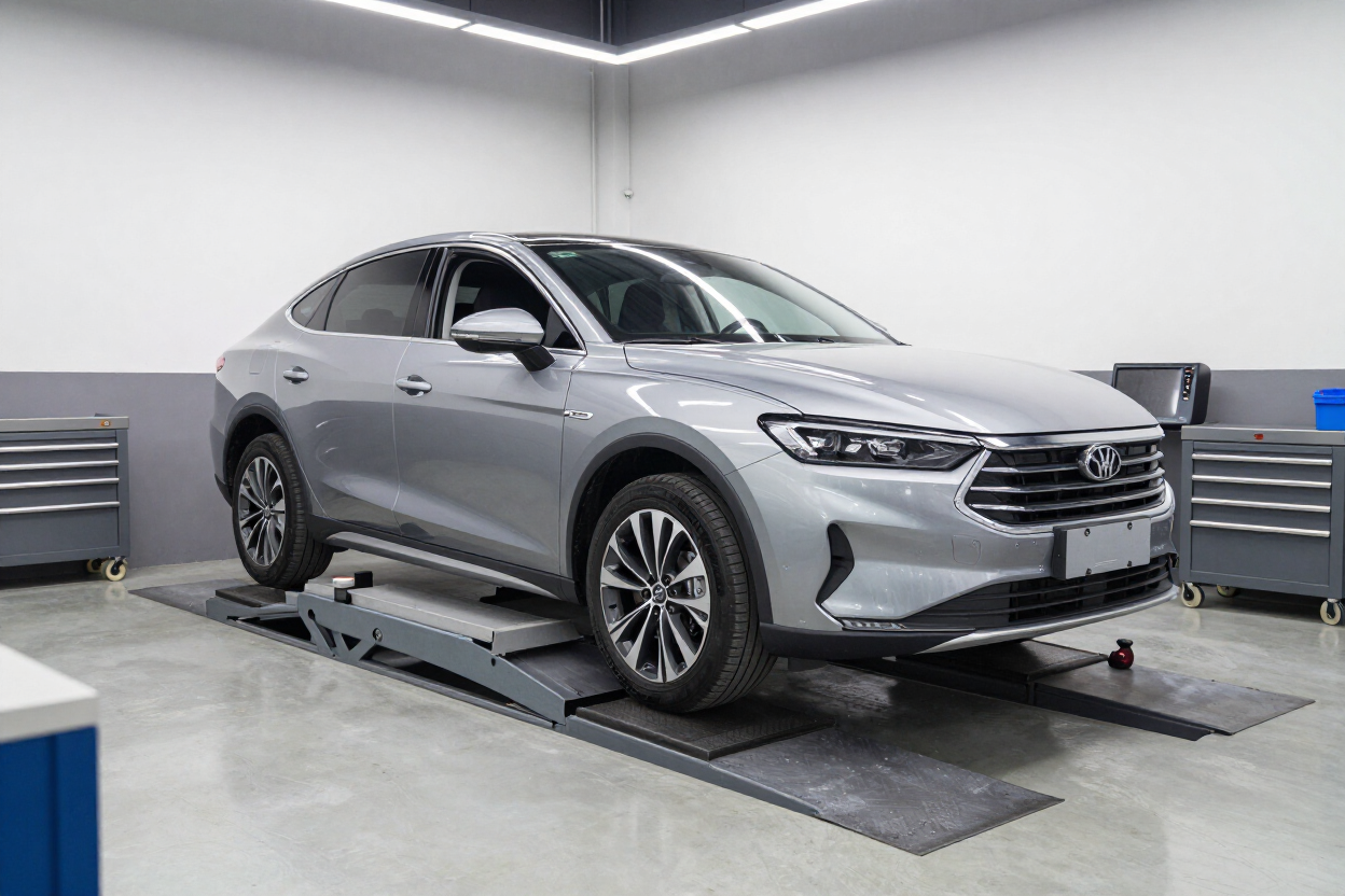 Silver SUV on a vehicle lift in a clean auto service garage