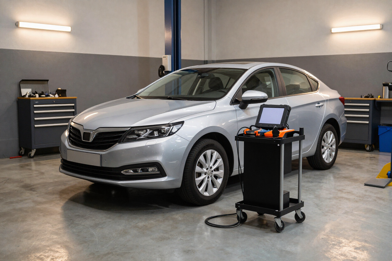 Silver sedan in an auto repair shop with a diagnostic cart in front of it