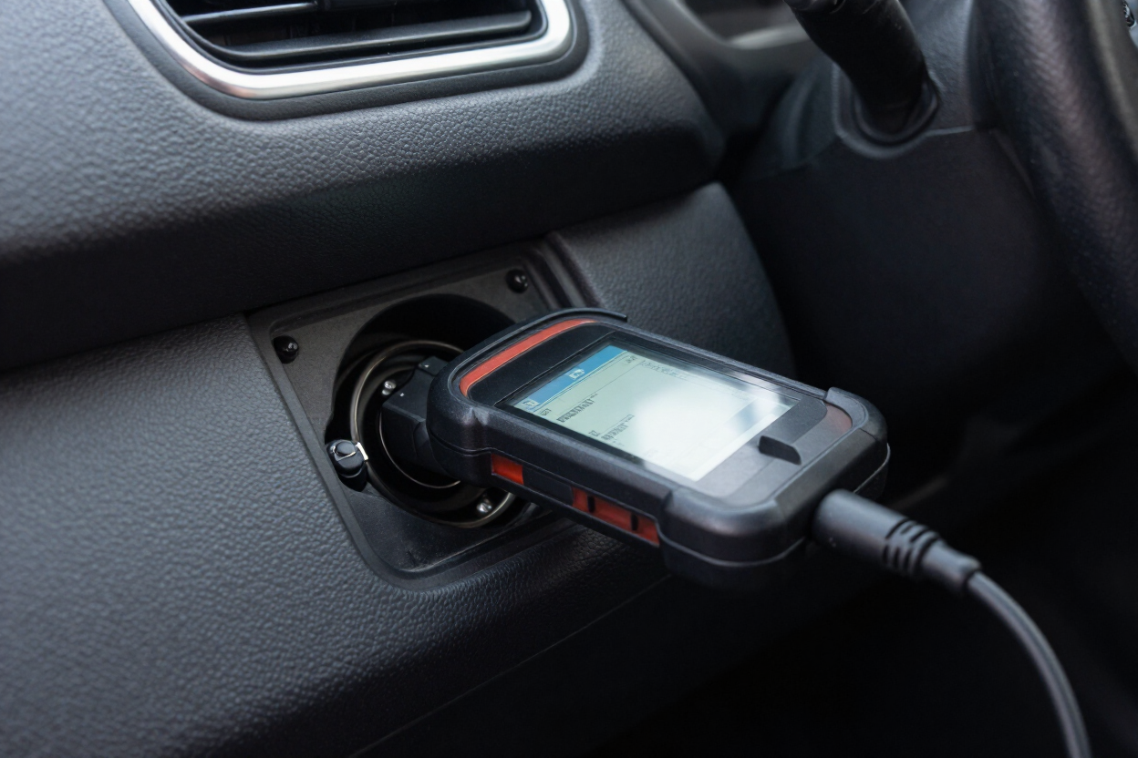 A smartphone charging in a car’s dashboard USB adapter with cable plugged in