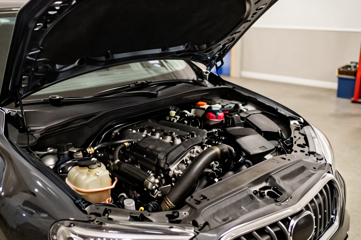 Car engine compartment with hood open, showing the battery and hoses in a garage.