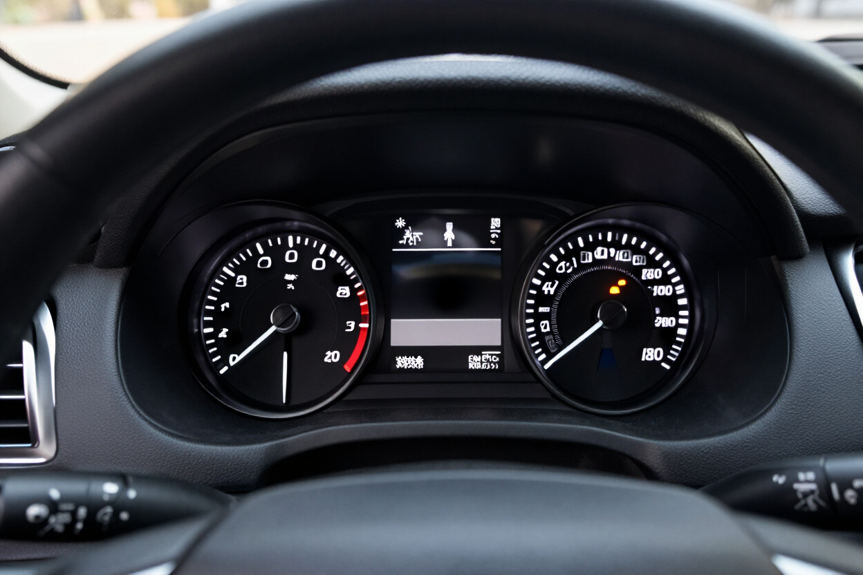 Car dashboard with speedometer, tachometer, and center display showing a vehicle in motion.