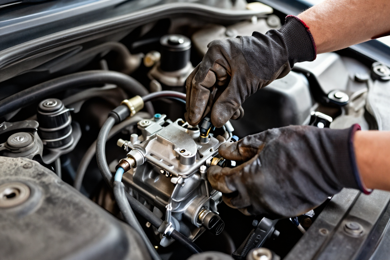Gloved hands adjusting a car engine component under the hood