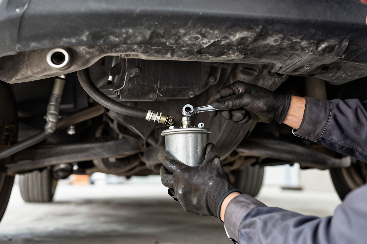 Mechanic draining fluid from a vehicle’s undercarriage with a catch container