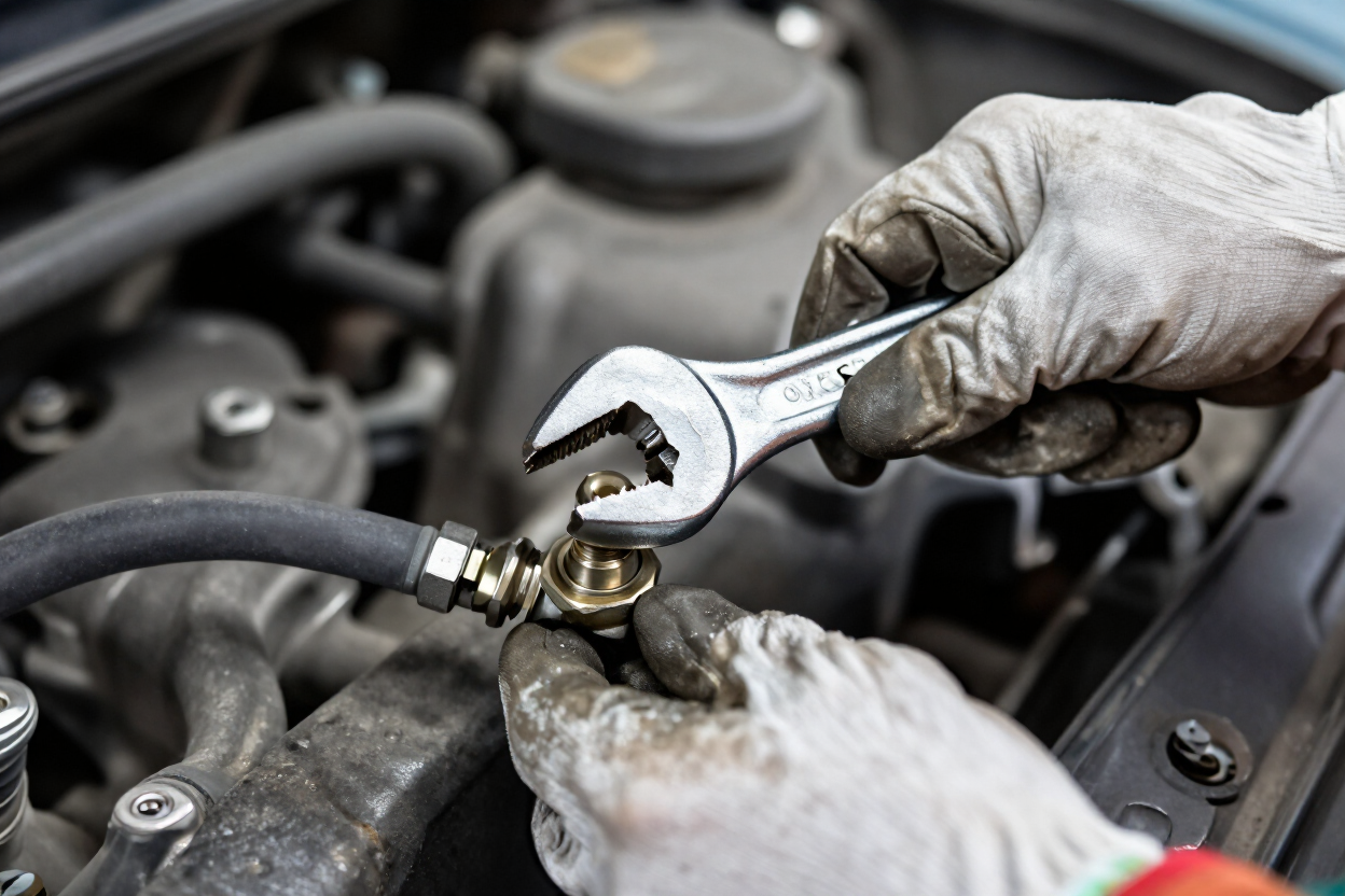 Gloved hands use a wrench to tighten a car engine bolt in a workshop.