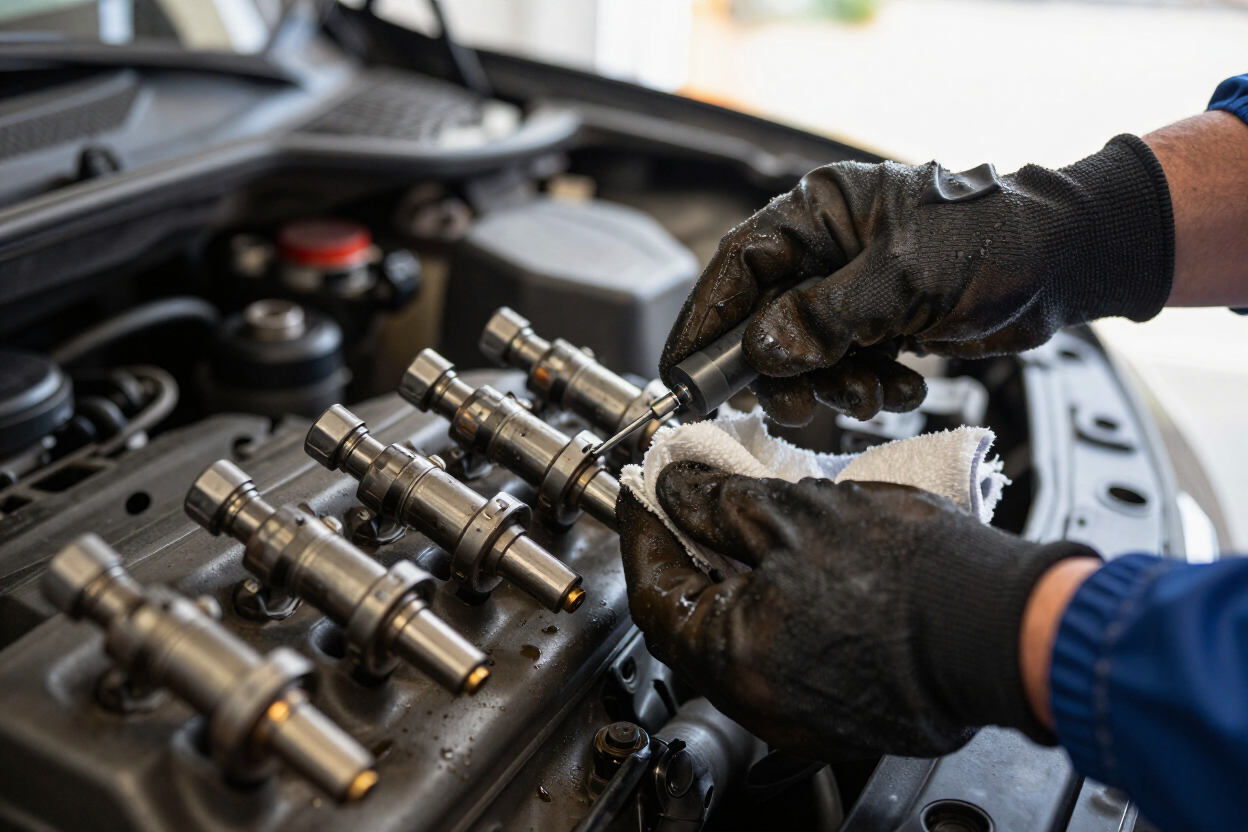 Mechanic’s gloved hands adjusting fuel injectors in an engine bay
