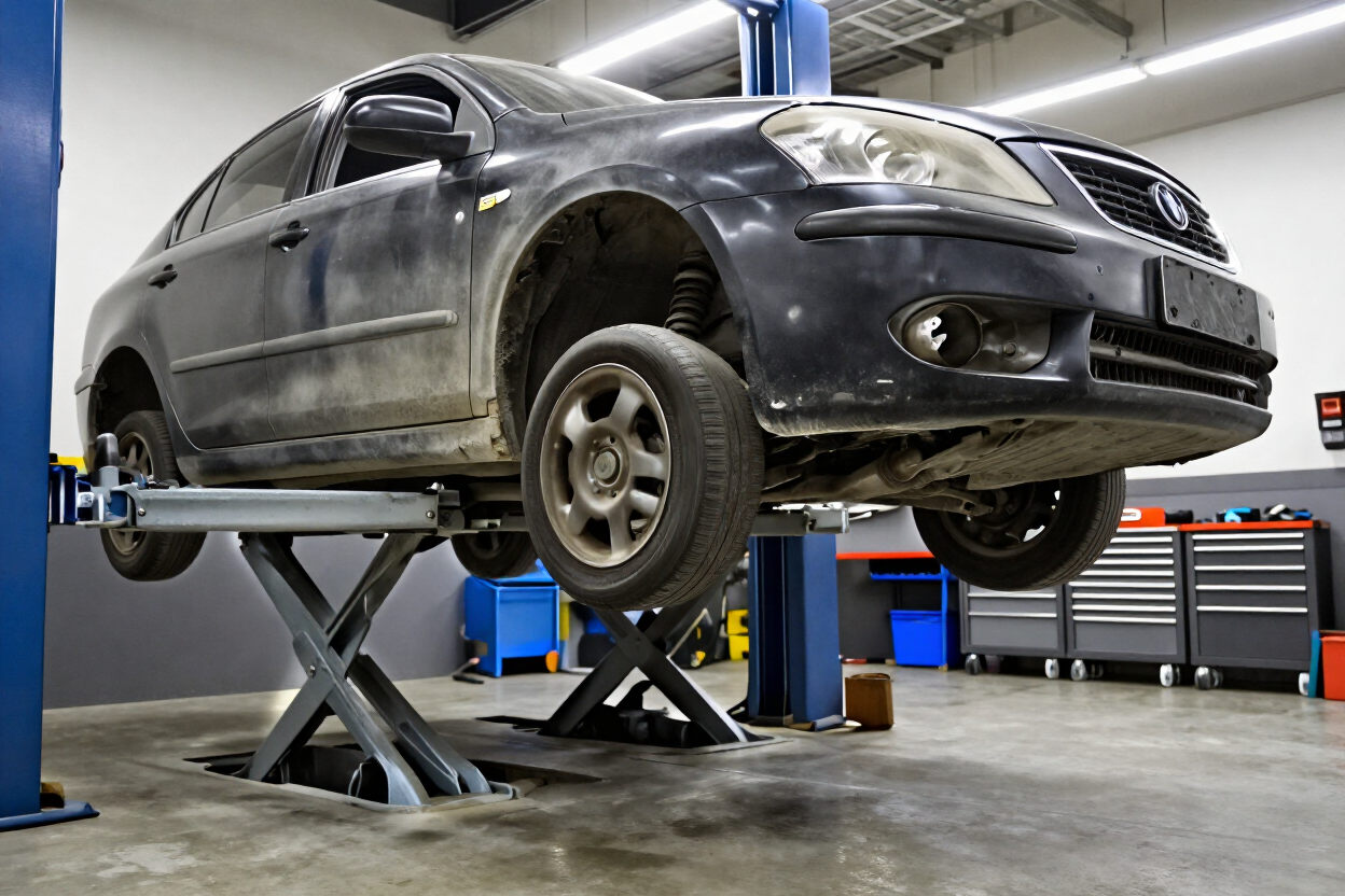 Black SUV raised on a lift in an auto repair shop with a wheel removed