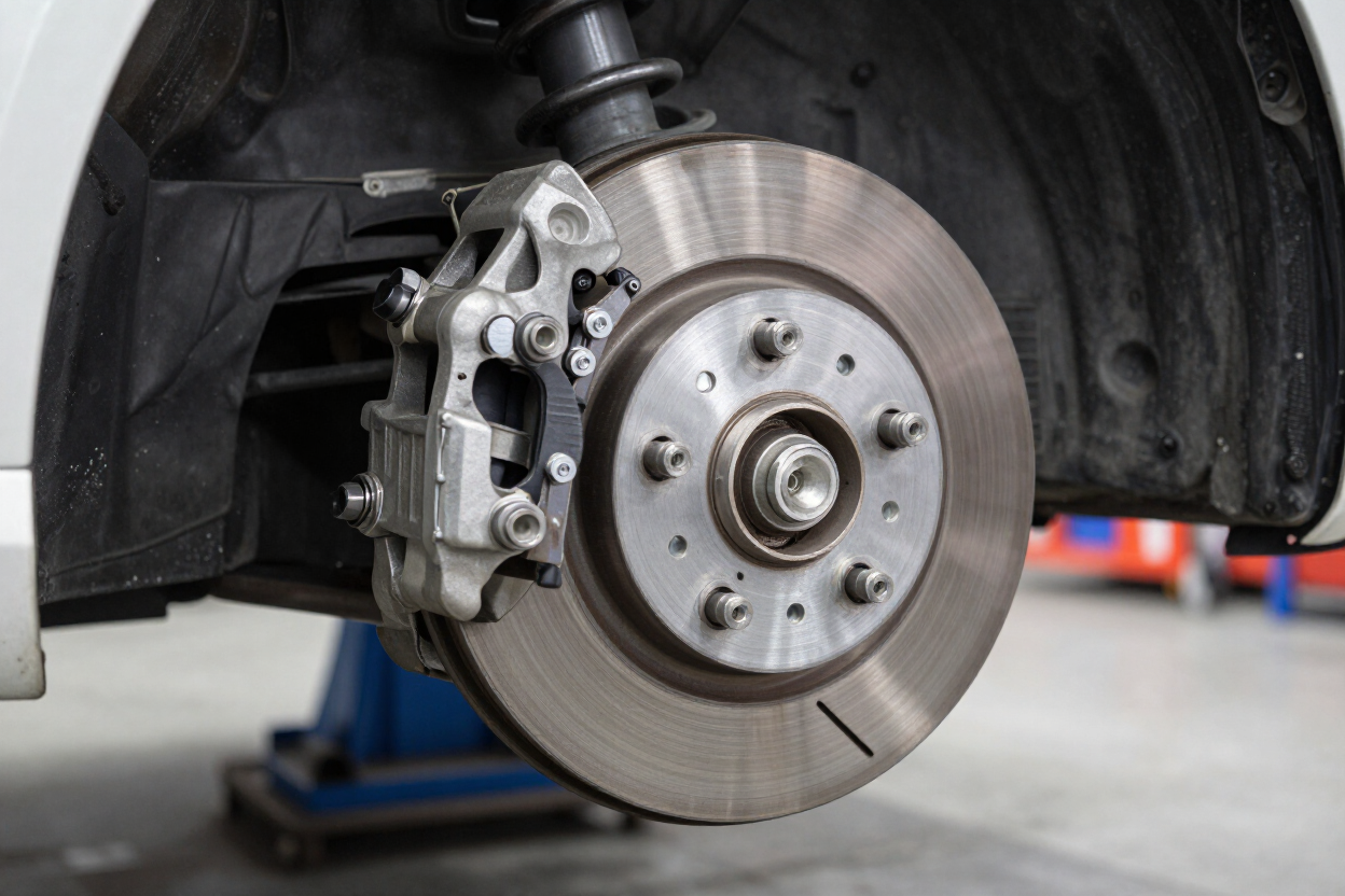 Car wheel with exposed disc brake and caliper in a garage, close-up