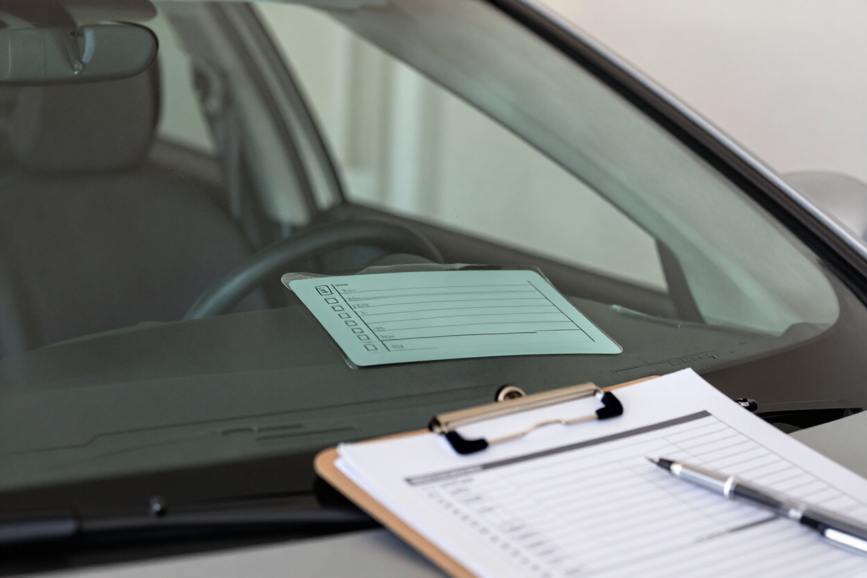 Car windshield with a parking ticket under the wiper and a clipboard on the hood