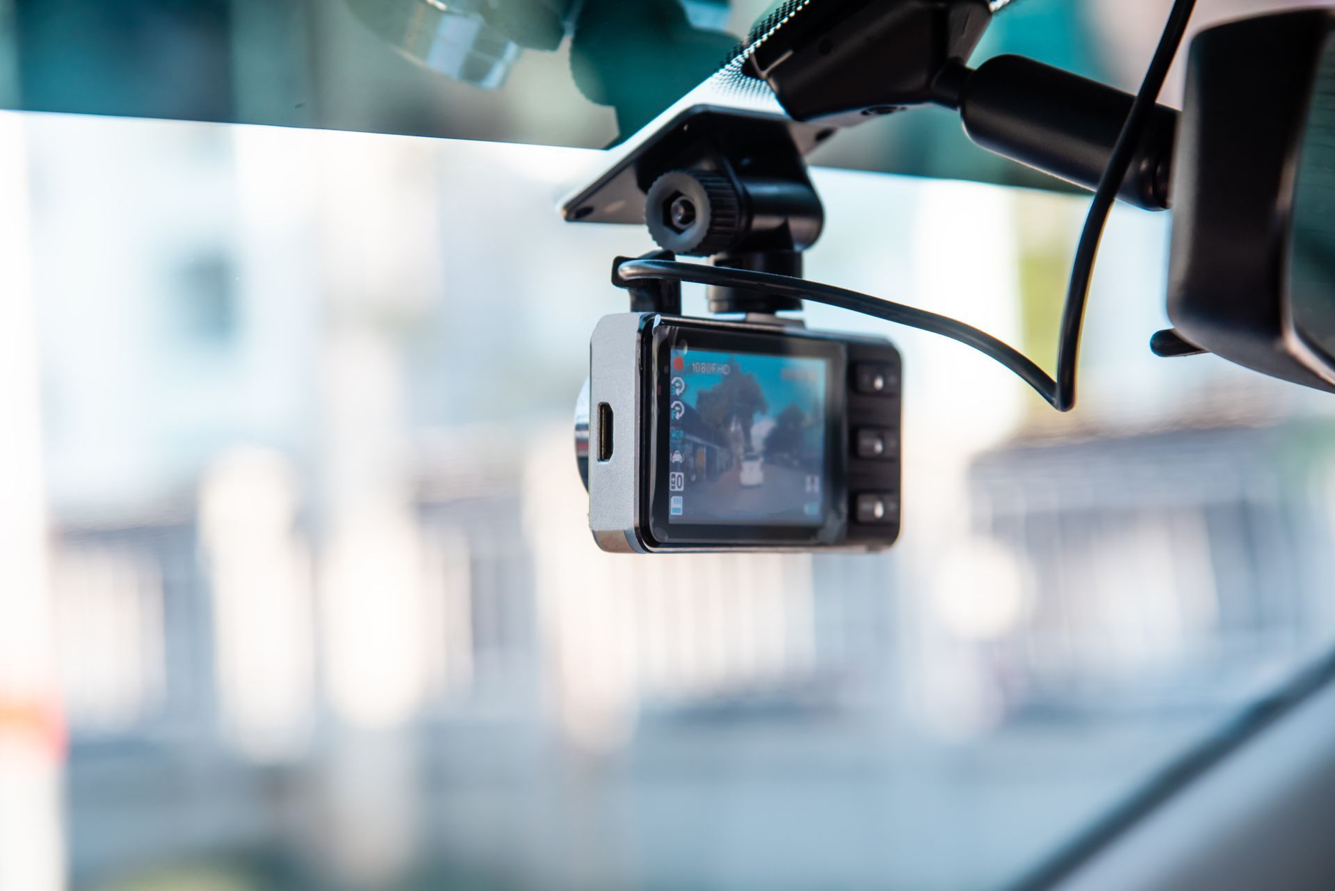 Dash camera mounted on a car windshield, showing the road ahead on its screen.