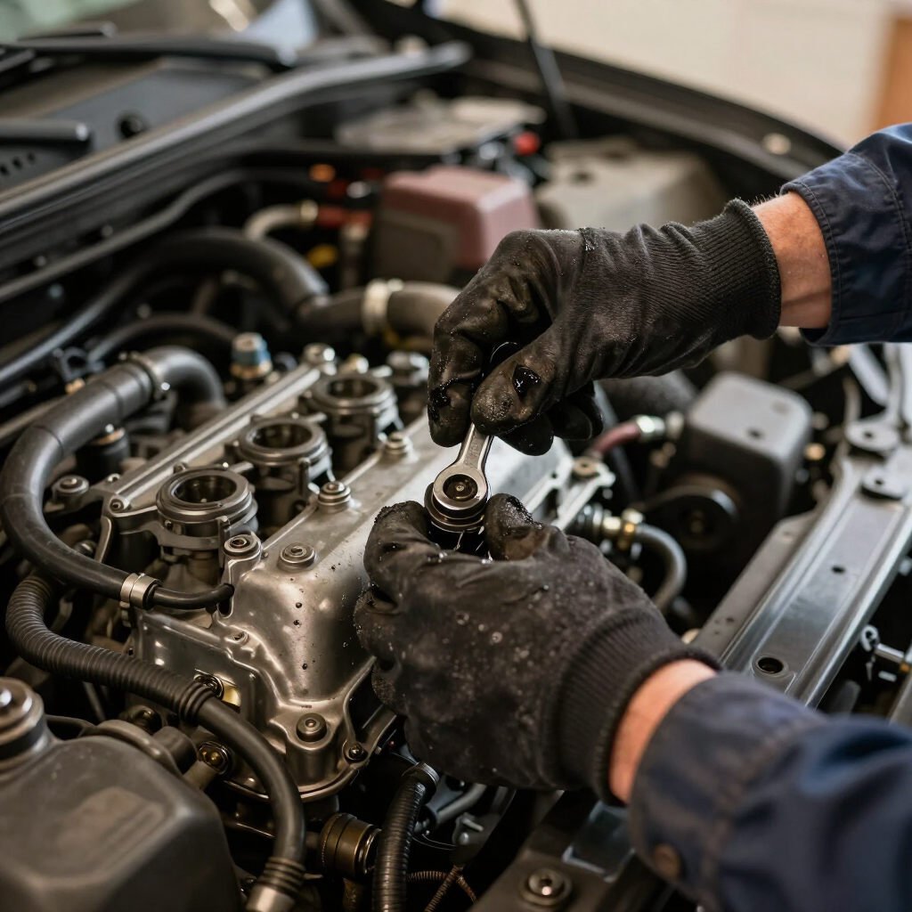 Mechanic’s gloved hands repairing a car engine in an auto shop