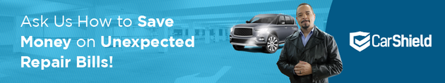 CarShield ad with a man holding a car hood, text: “Ask Us How to Save Money on Unexpected Repair Bills!”