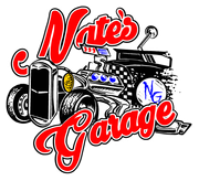 Logo for Nate’s Garage with a red hot rod car illustration and black, white, and blue accents