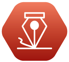 A red hexagon with a white icon of a pen on it.