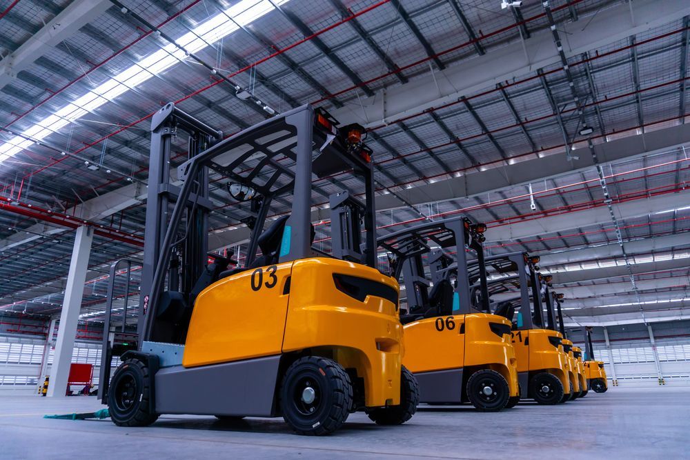 Yellow Forklifts Lined Up Inside a Warehouse With a High Ceiling — Des’s Driving School in Moruya, NSW