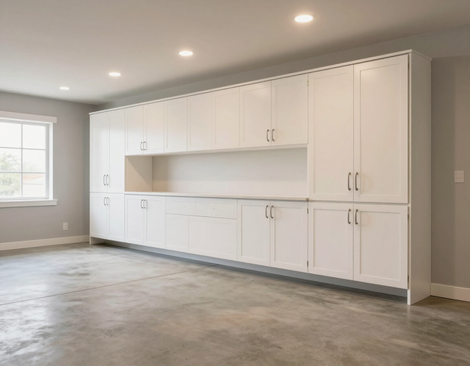 Garage with installed slab-front cabinets