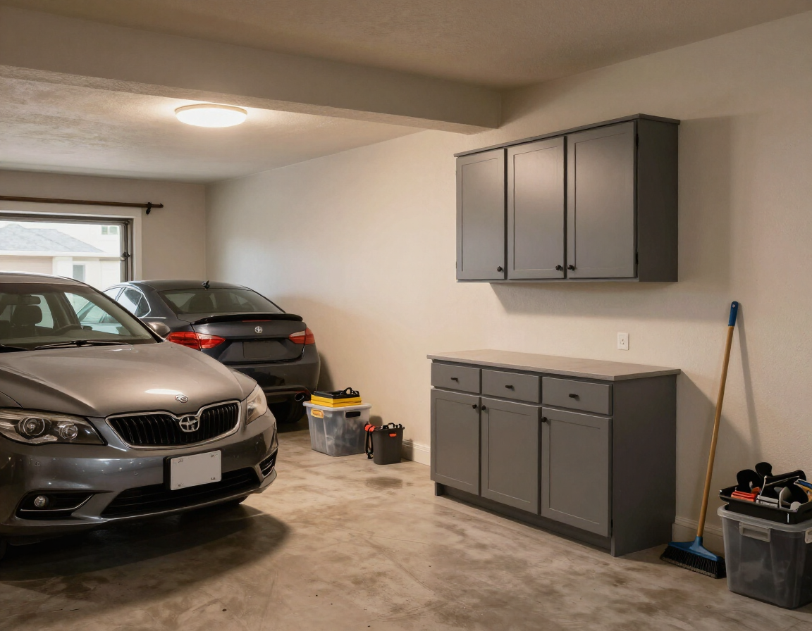 Installed Workspace Storage cabinets in a garage with 2 upper and 2 lower gray cabinets