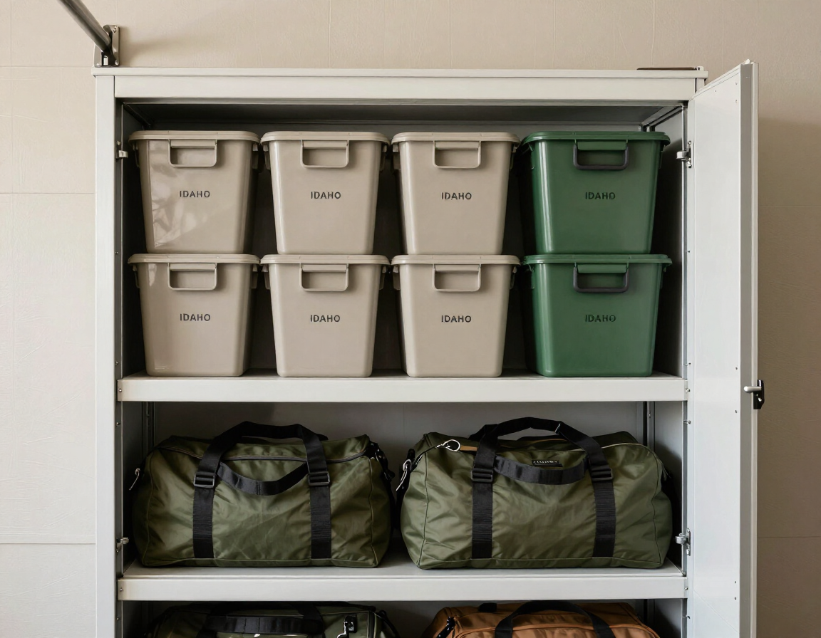 Open tall storage cabinet with totes and camping gear