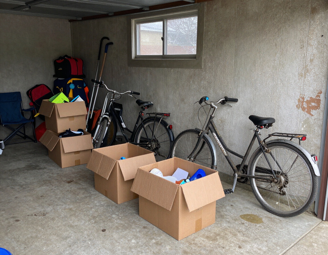 Cluttered garage before, mixed finish