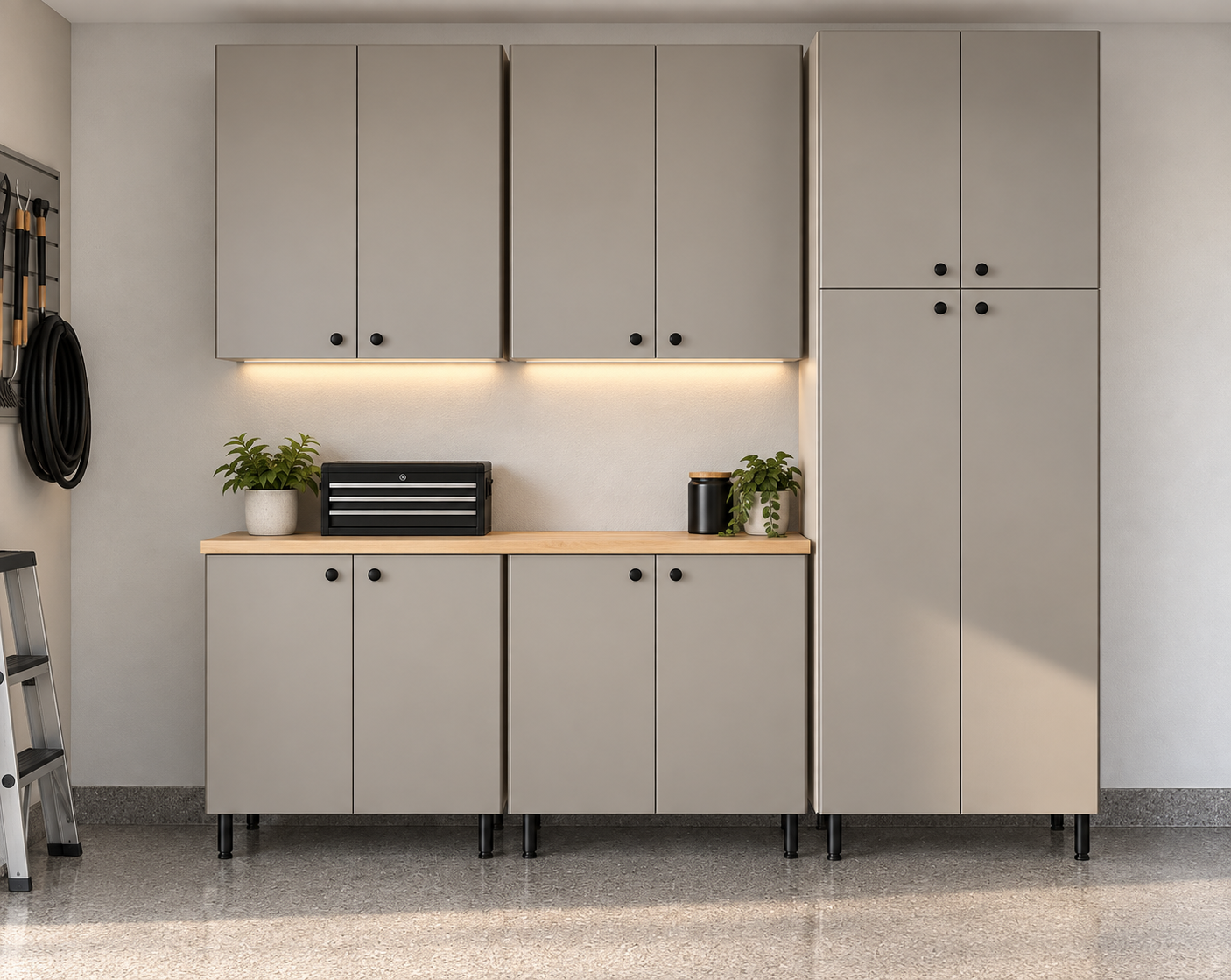 Combination garage cabinet layout with tall, upper and lower cabinets