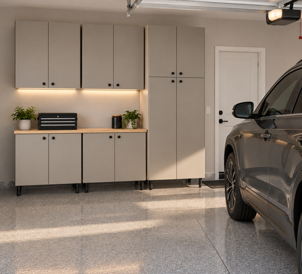 Organized garage wall with cabinets