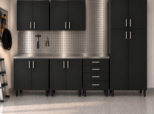 Garage with enclosed cabinets along one wall