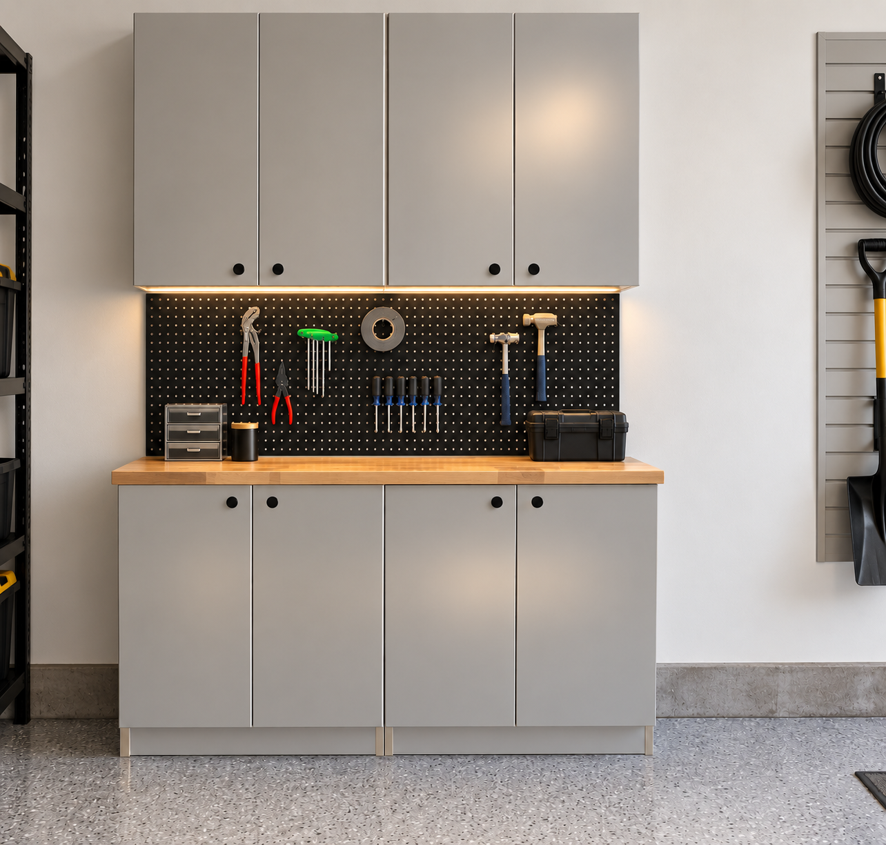 Upper and lower garage cabinets installed over a workbench