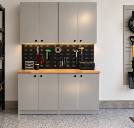 Organized garage wall with cabinets
