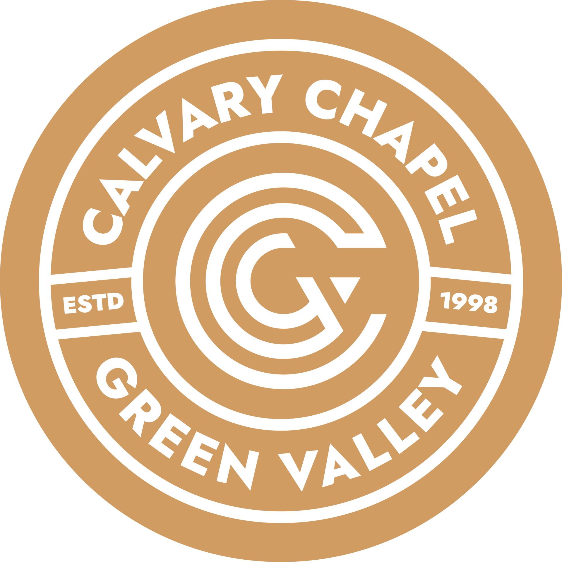 Calvary Chapel Green Valley circular tan-and-white church logo with “ESTD 1998” and stylized C