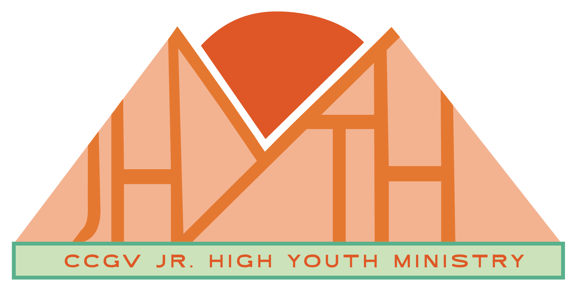 Logo of a mountain with sun and cross, labeled