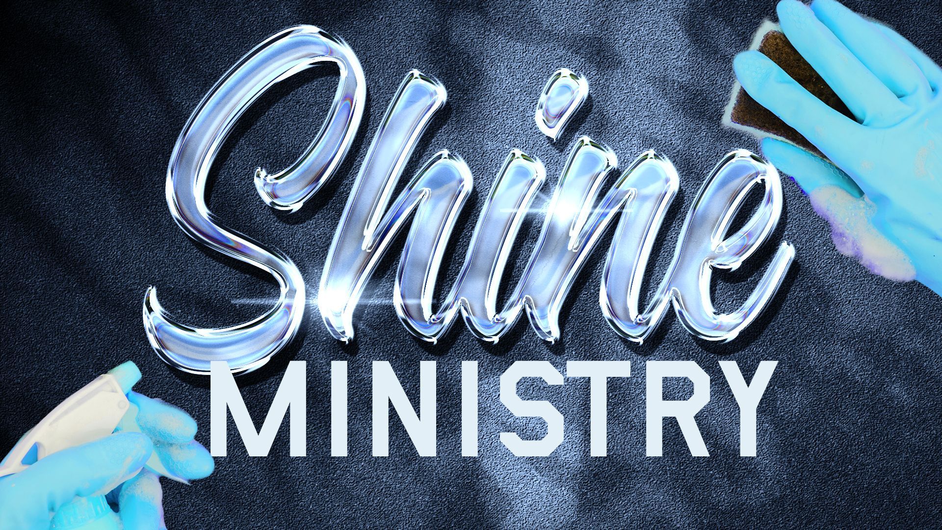 “Shine Ministry” text on a dark background, framed by blue-gloved hands and a lightbulb icon.