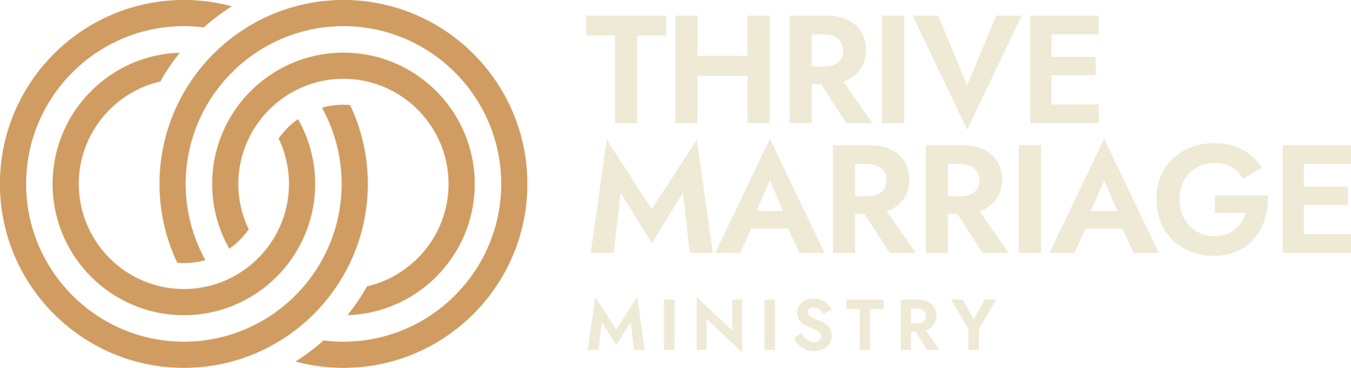 Thrive Marriage Ministry logo with gold interlocking rings and beige text on a white background
