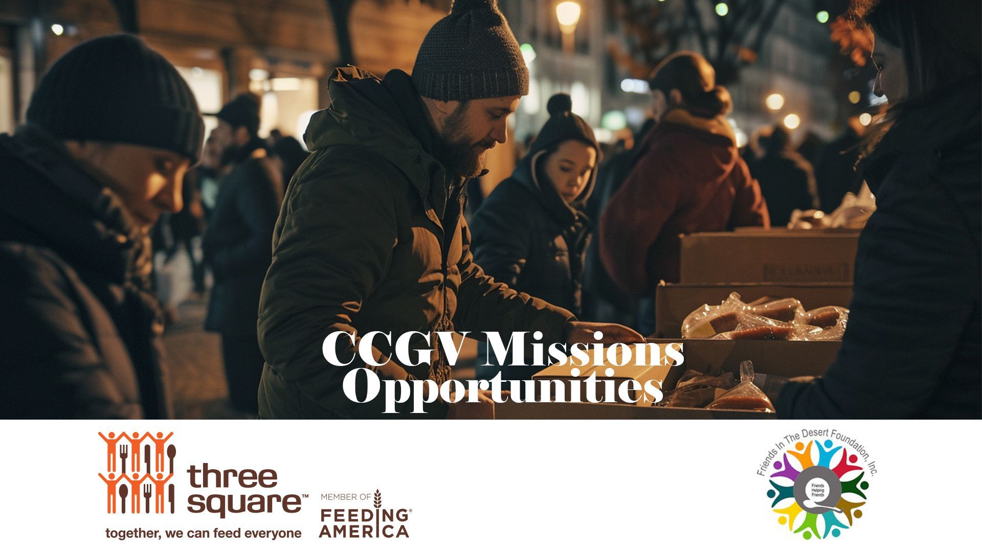 People at a night market serving food, with “CGV Missions Opportunities” text and logos at the bottom.