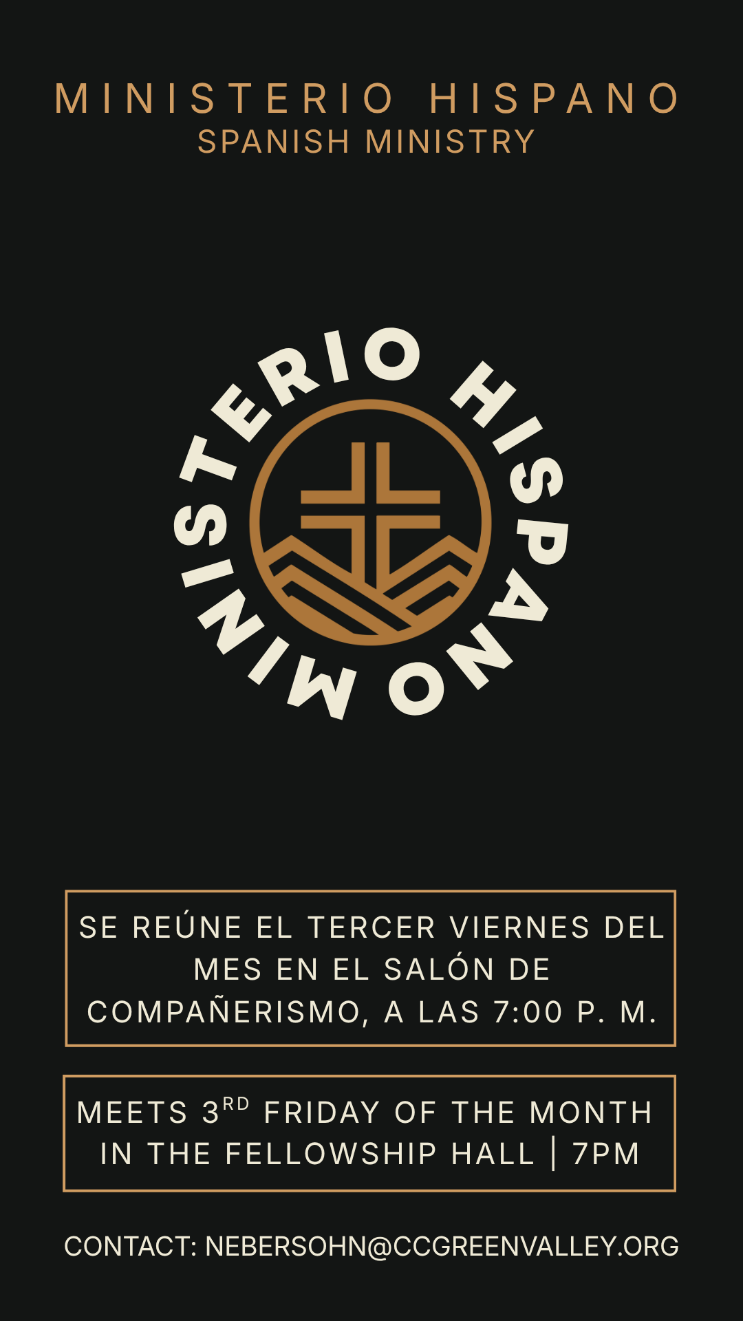 Spanish Ministry poster on black background with gold circular logo and Spanish/English meeting details.