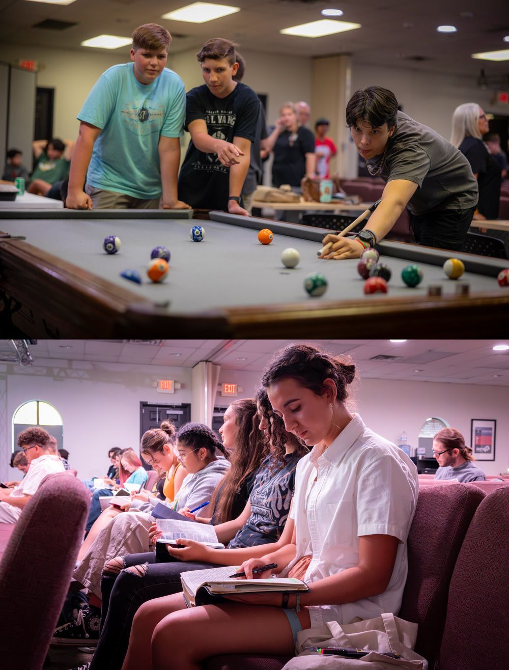 Youth play pool in a hall; below, two people sit in a church pew reading together.