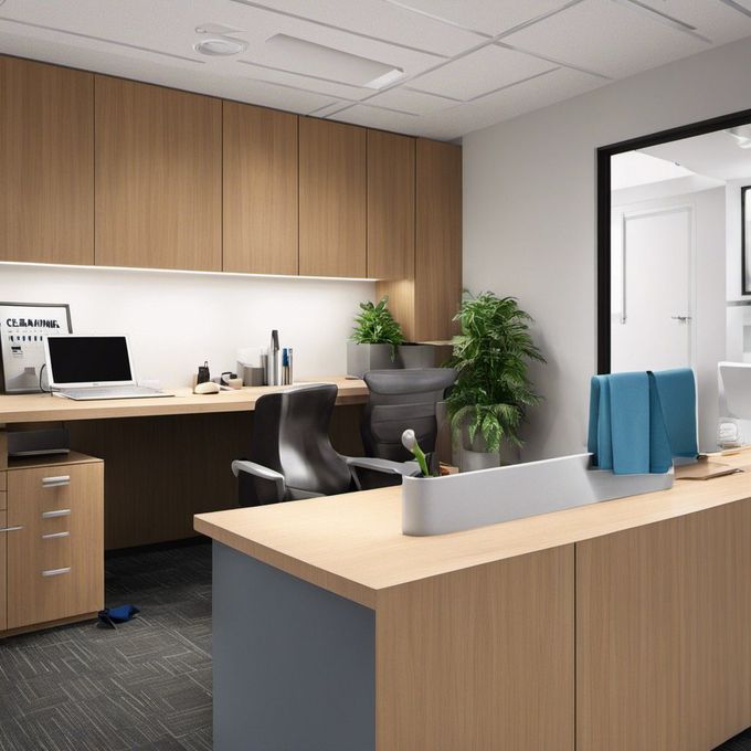 An office with wooden cabinets and a desk with a computer on it