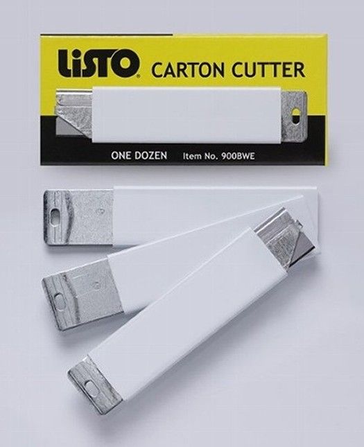 A box of listo carton cutter with three cutters on a white surface