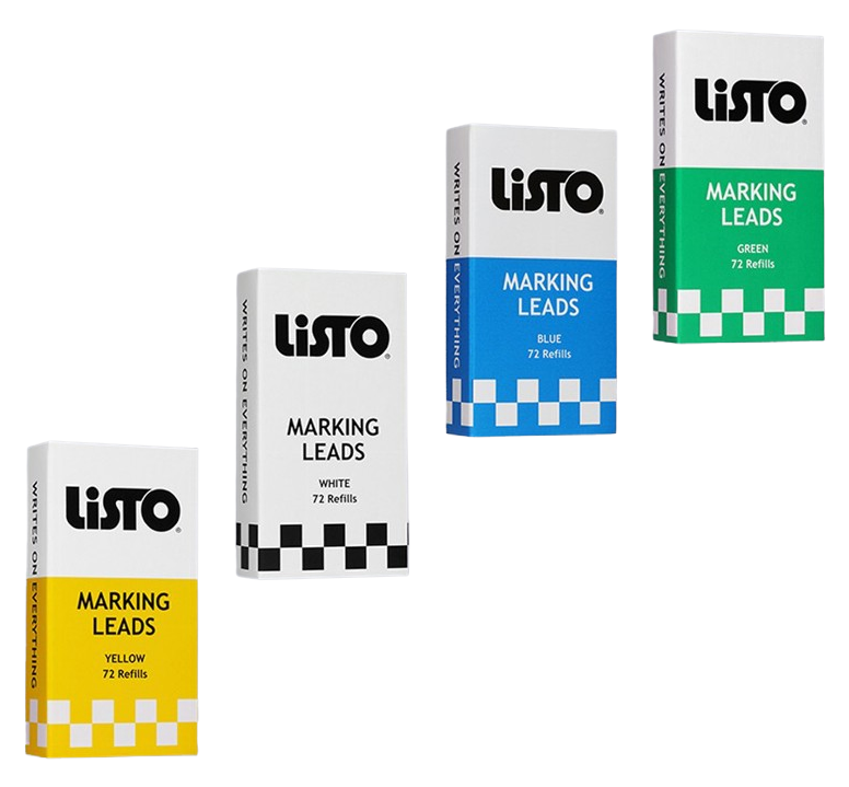 Three boxes of listo marking leads are sitting next to each other